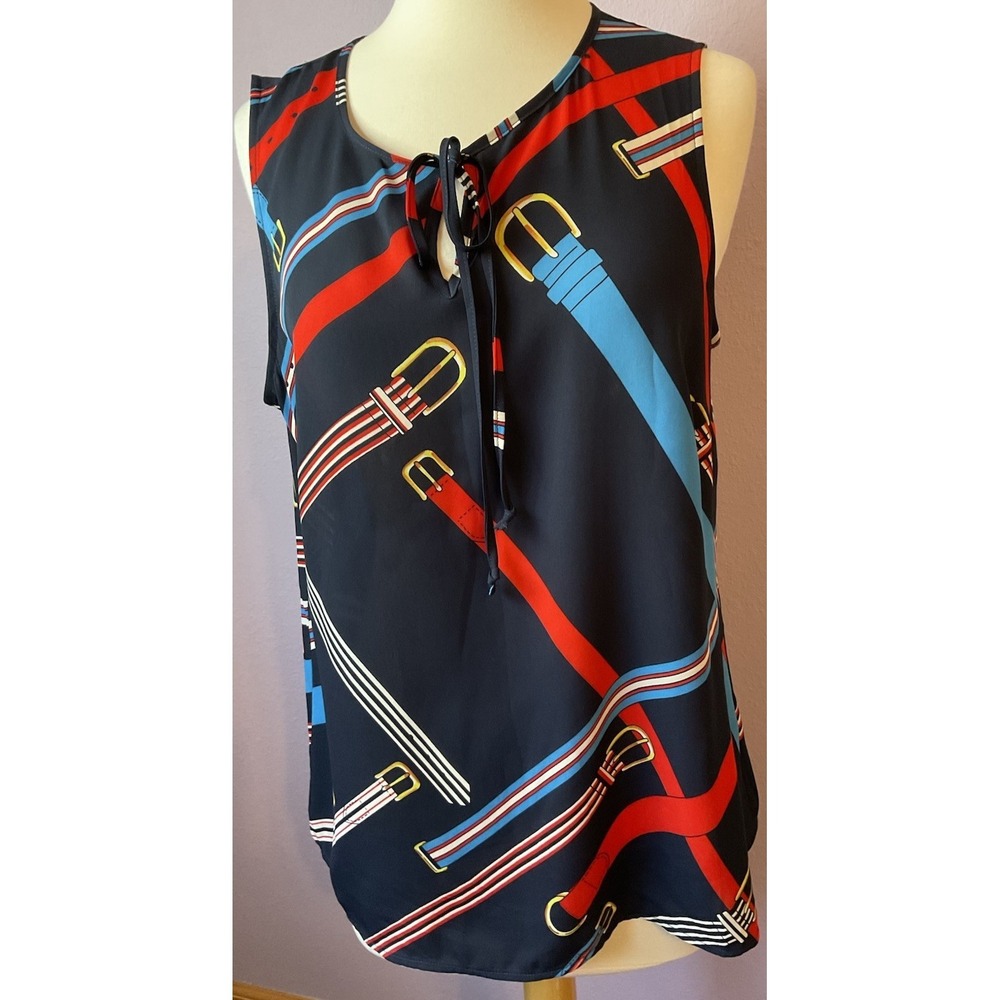 Cabi Belt Print‎ Multicolor Sleeveless Navy Blue Top Blouse Shirt Size Medium